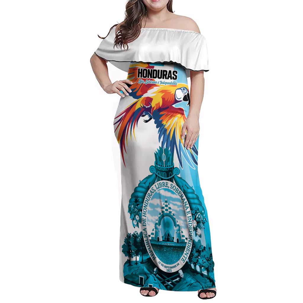 Personalized Honduras 1821 Family Matching Off Shoulder Maxi Dress and Hawaiian Shirt Scarlet Macaw Sky Blue Color - Wonder Print Shop
