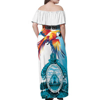 Personalized Honduras 1821 Family Matching Off Shoulder Maxi Dress and Hawaiian Shirt Scarlet Macaw Sky Blue Color - Wonder Print Shop