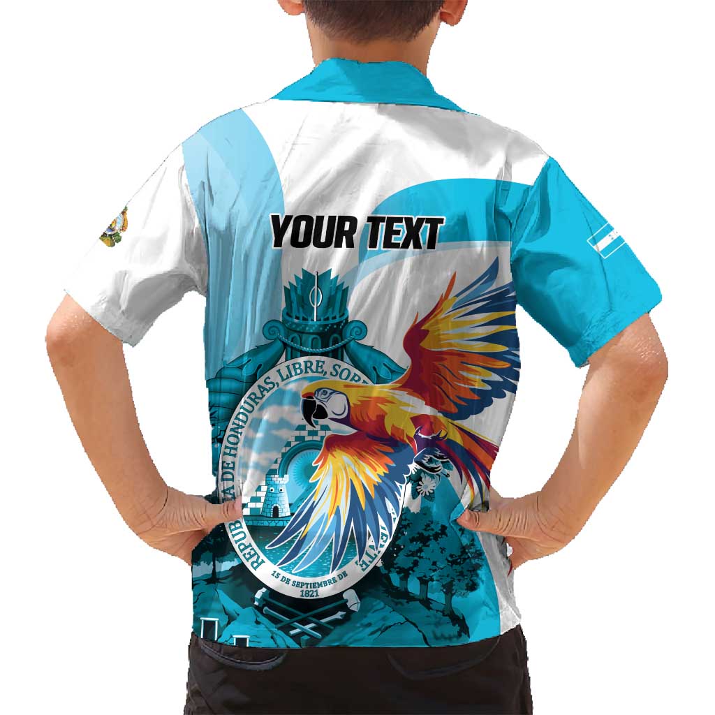 Personalized Honduras 1821 Family Matching Off Shoulder Short Dress and Hawaiian Shirt Scarlet Macaw Sky Blue Color - Wonder Print Shop
