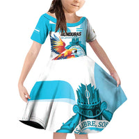 Personalized Honduras 1821 Family Matching Off Shoulder Short Dress and Hawaiian Shirt Scarlet Macaw Sky Blue Color - Wonder Print Shop