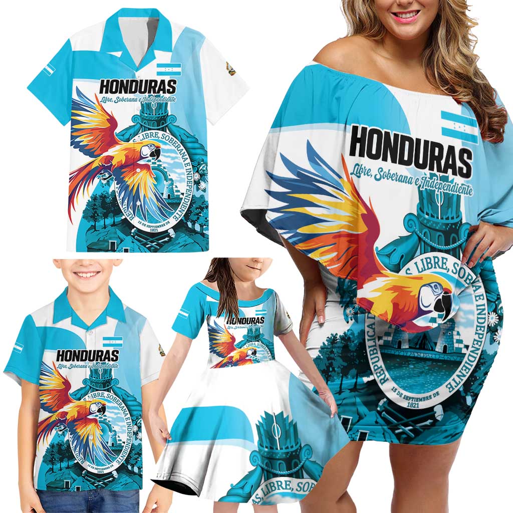Personalized Honduras 1821 Family Matching Off Shoulder Short Dress and Hawaiian Shirt Scarlet Macaw Sky Blue Color - Wonder Print Shop
