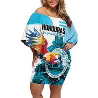 Personalized Honduras 1821 Family Matching Off Shoulder Short Dress and Hawaiian Shirt Scarlet Macaw Sky Blue Color - Wonder Print Shop