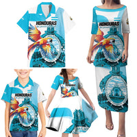 Personalized Honduras 1821 Family Matching Puletasi and Hawaiian Shirt Scarlet Macaw Sky Blue Color - Wonder Print Shop