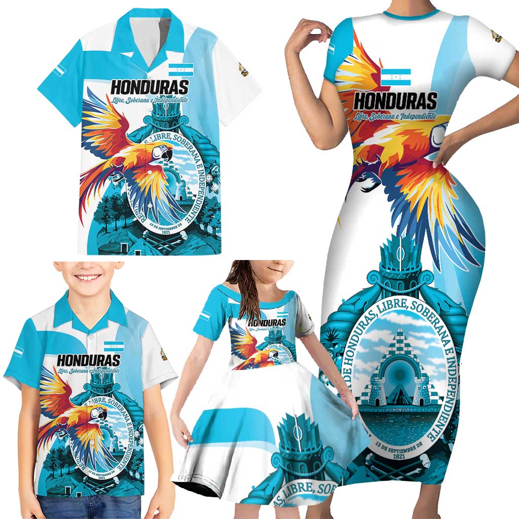 Personalized Honduras 1821 Family Matching Short Sleeve Bodycon Dress and Hawaiian Shirt Scarlet Macaw Sky Blue Color - Wonder Print Shop