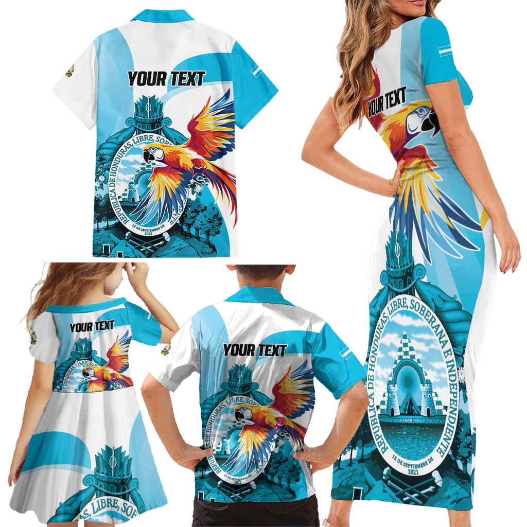 Personalized Honduras 1821 Family Matching Short Sleeve Bodycon Dress and Hawaiian Shirt Scarlet Macaw Sky Blue Color - Wonder Print Shop