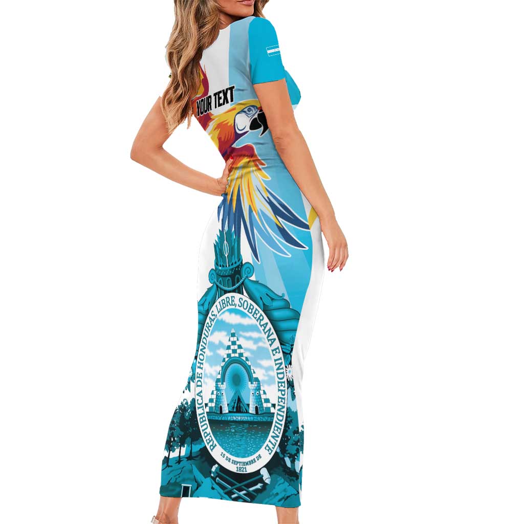 Personalized Honduras 1821 Family Matching Short Sleeve Bodycon Dress and Hawaiian Shirt Scarlet Macaw Sky Blue Color - Wonder Print Shop