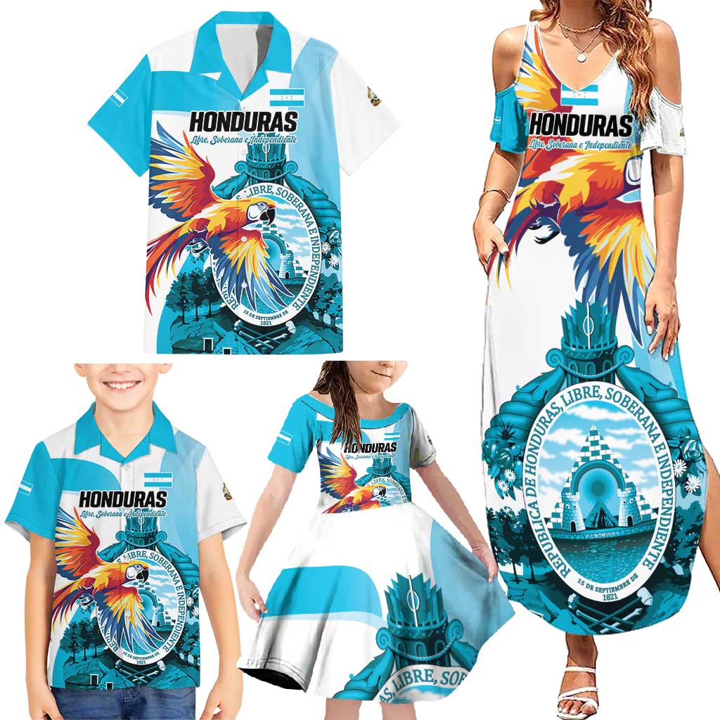 Personalized Honduras 1821 Family Matching Summer Maxi Dress and Hawaiian Shirt Scarlet Macaw Sky Blue Color - Wonder Print Shop