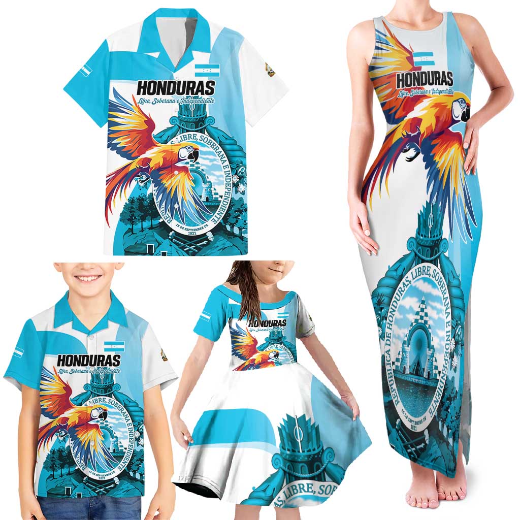 Personalized Honduras 1821 Family Matching Tank Maxi Dress and Hawaiian Shirt Scarlet Macaw Sky Blue Color - Wonder Print Shop