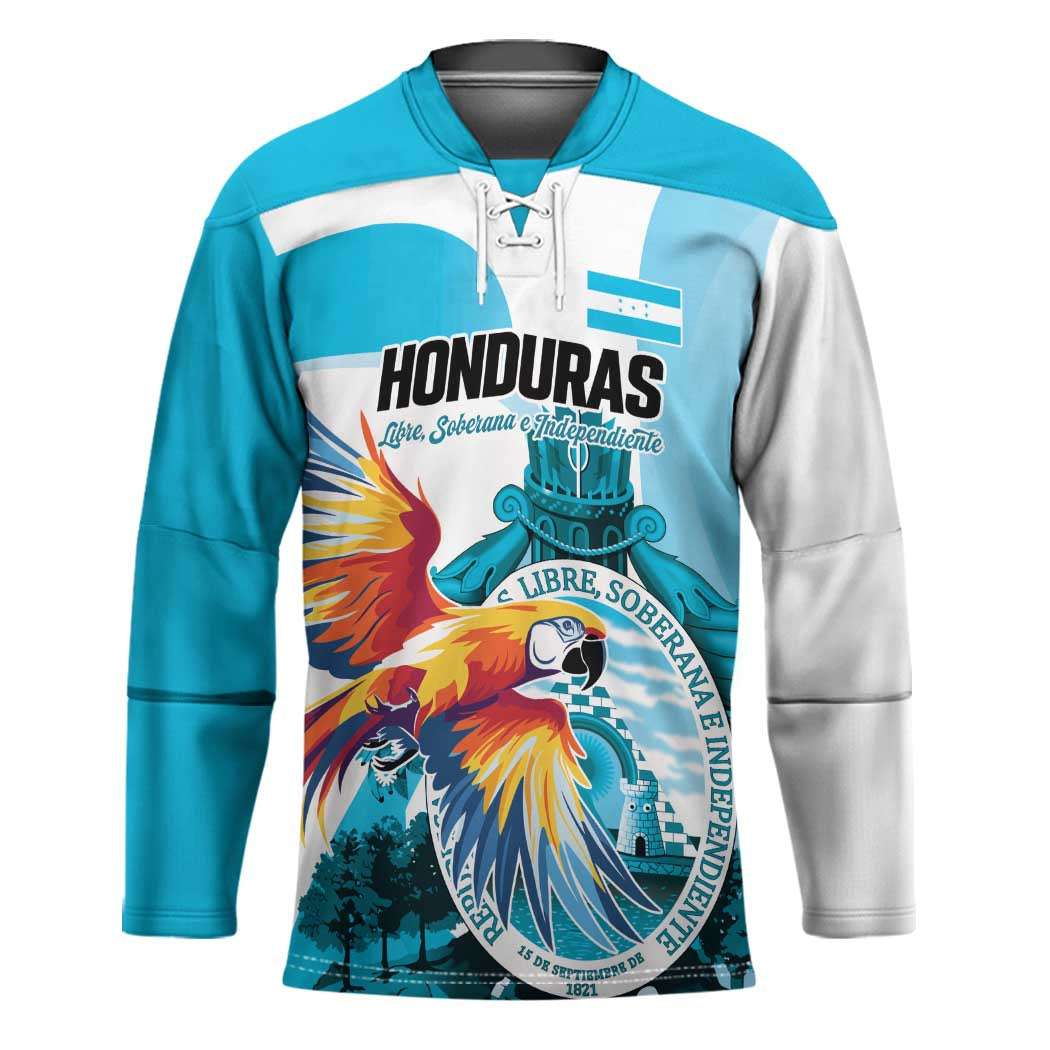 Personalized Honduras 1821 Hockey Jersey Scarlet Macaw Sky Blue Color - Wonder Print Shop