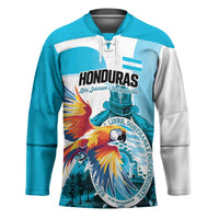 Personalized Honduras 1821 Hockey Jersey Scarlet Macaw Sky Blue Color - Wonder Print Shop