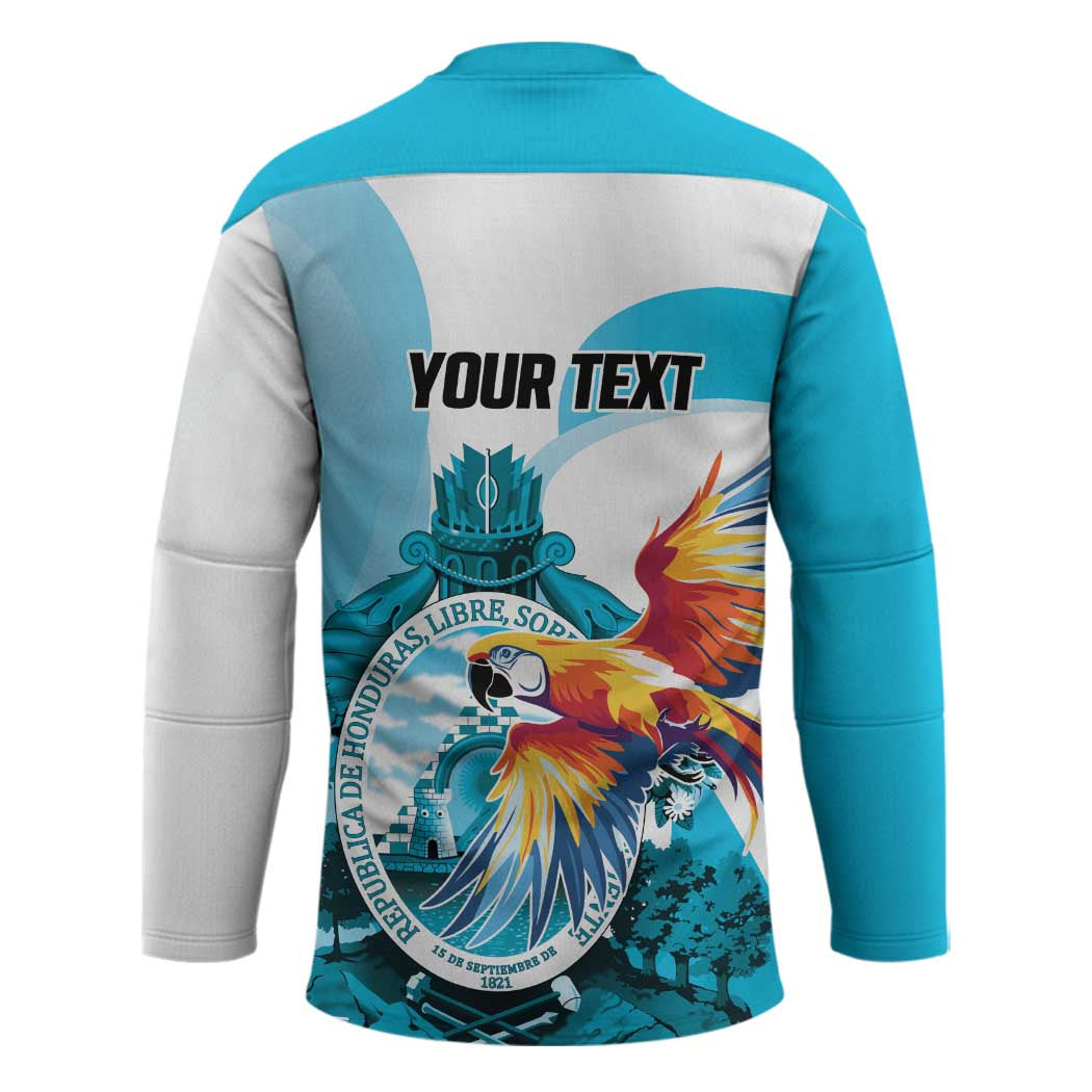 Personalized Honduras 1821 Hockey Jersey Scarlet Macaw Sky Blue Color - Wonder Print Shop