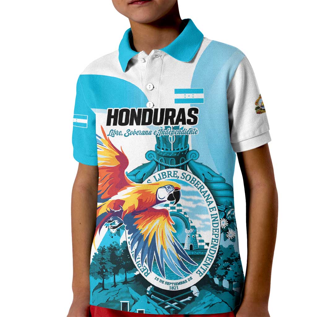 Personalized Honduras 1821 Kid Polo Shirt Scarlet Macaw Sky Blue Color - Wonder Print Shop
