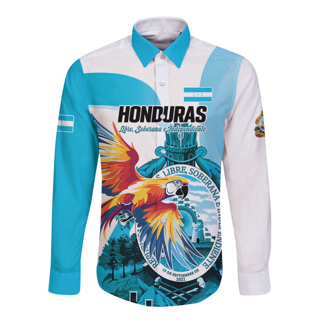 Personalized Honduras 1821 Long Sleeve Button Shirt Scarlet Macaw Sky Blue Color - Wonder Print Shop
