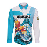 Personalized Honduras 1821 Long Sleeve Button Shirt Scarlet Macaw Sky Blue Color - Wonder Print Shop