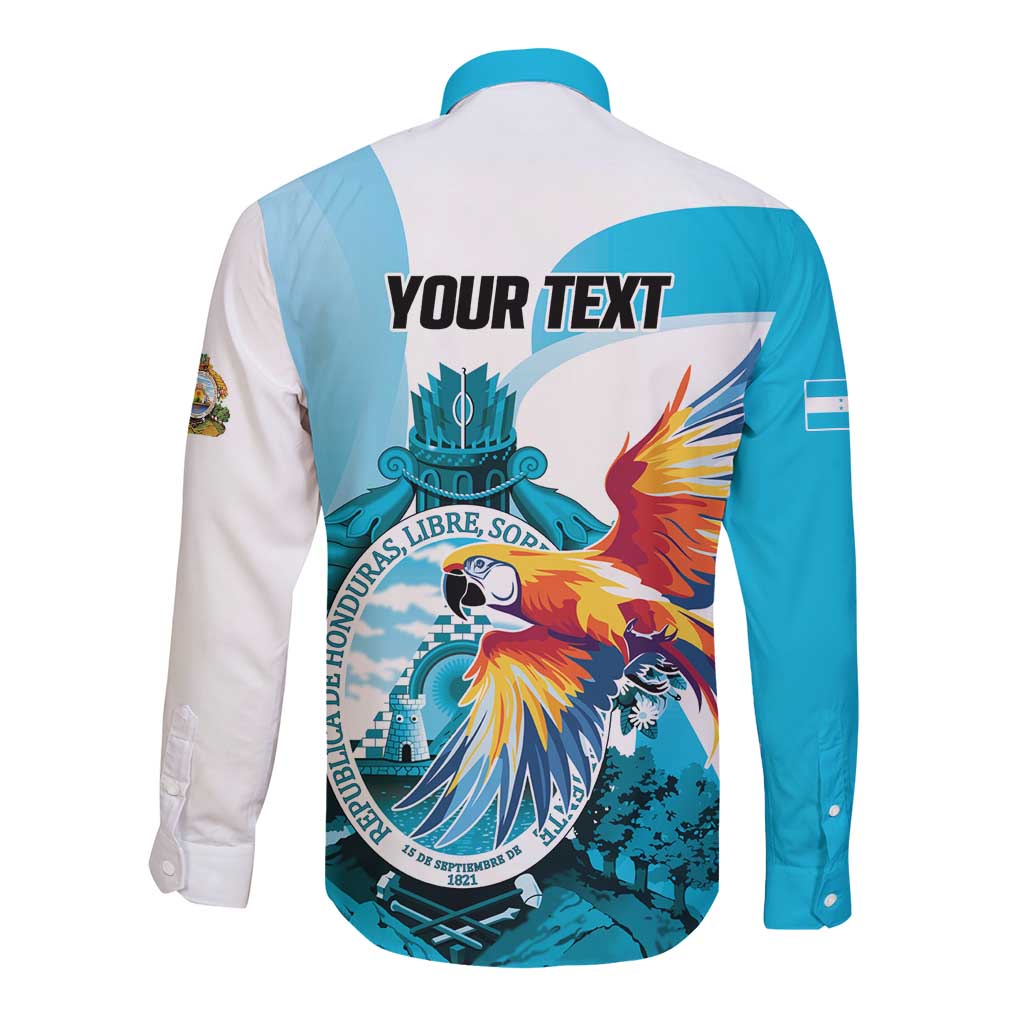 Personalized Honduras 1821 Long Sleeve Button Shirt Scarlet Macaw Sky Blue Color - Wonder Print Shop