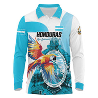 Personalized Honduras 1821 Long Sleeve Polo Shirt Scarlet Macaw Sky Blue Color - Wonder Print Shop