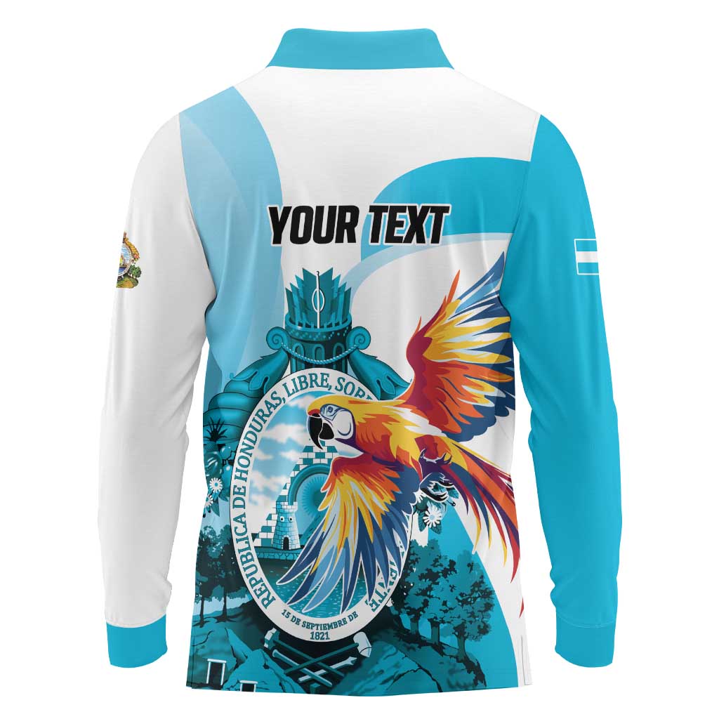 Personalized Honduras 1821 Long Sleeve Polo Shirt Scarlet Macaw Sky Blue Color - Wonder Print Shop