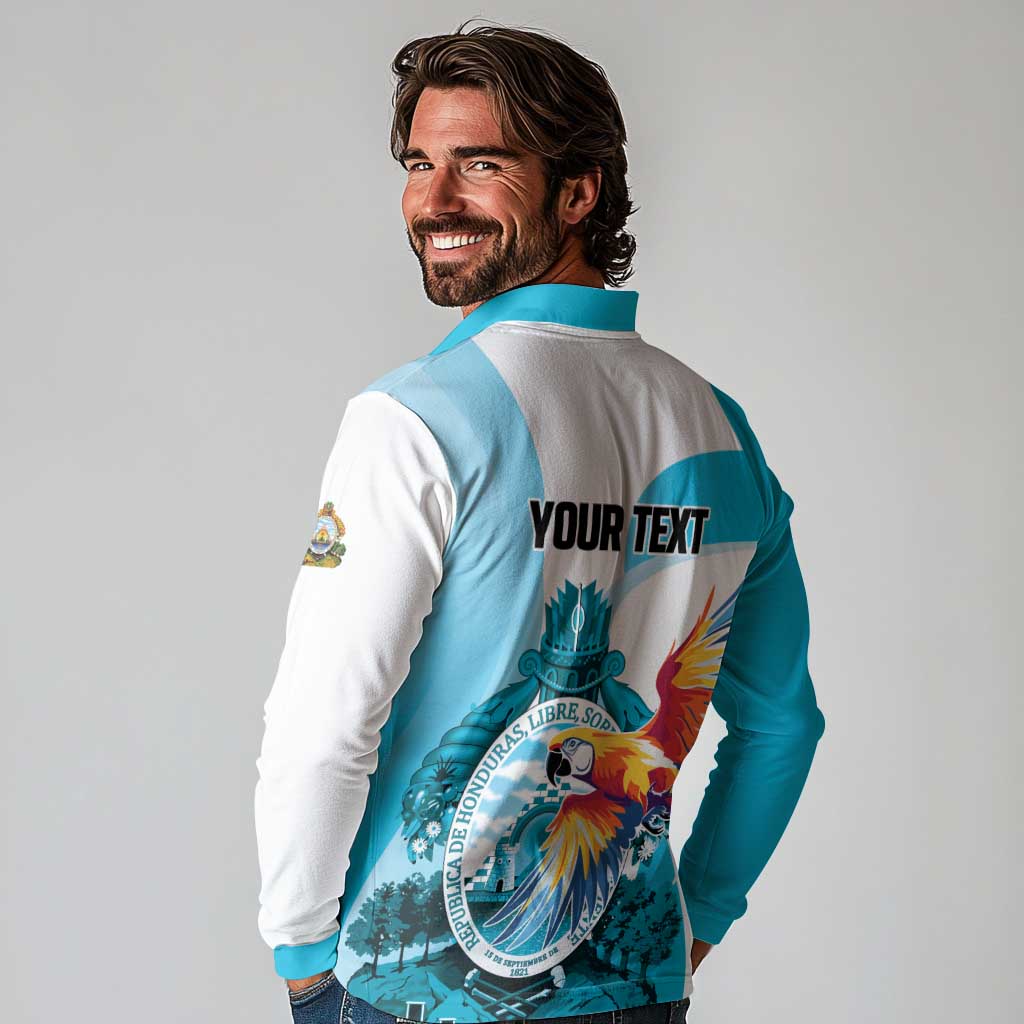 Personalized Honduras 1821 Long Sleeve Polo Shirt Scarlet Macaw Sky Blue Color - Wonder Print Shop
