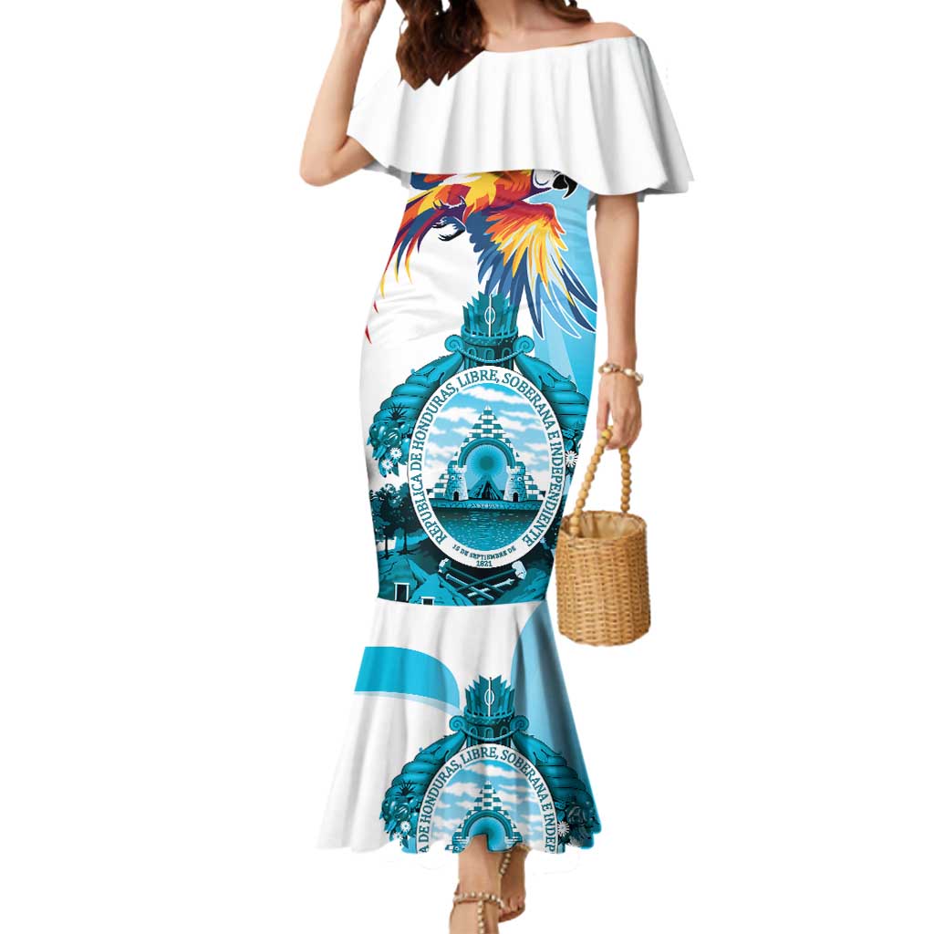 Personalized Honduras 1821 Mermaid Dress Scarlet Macaw Sky Blue Color - Wonder Print Shop