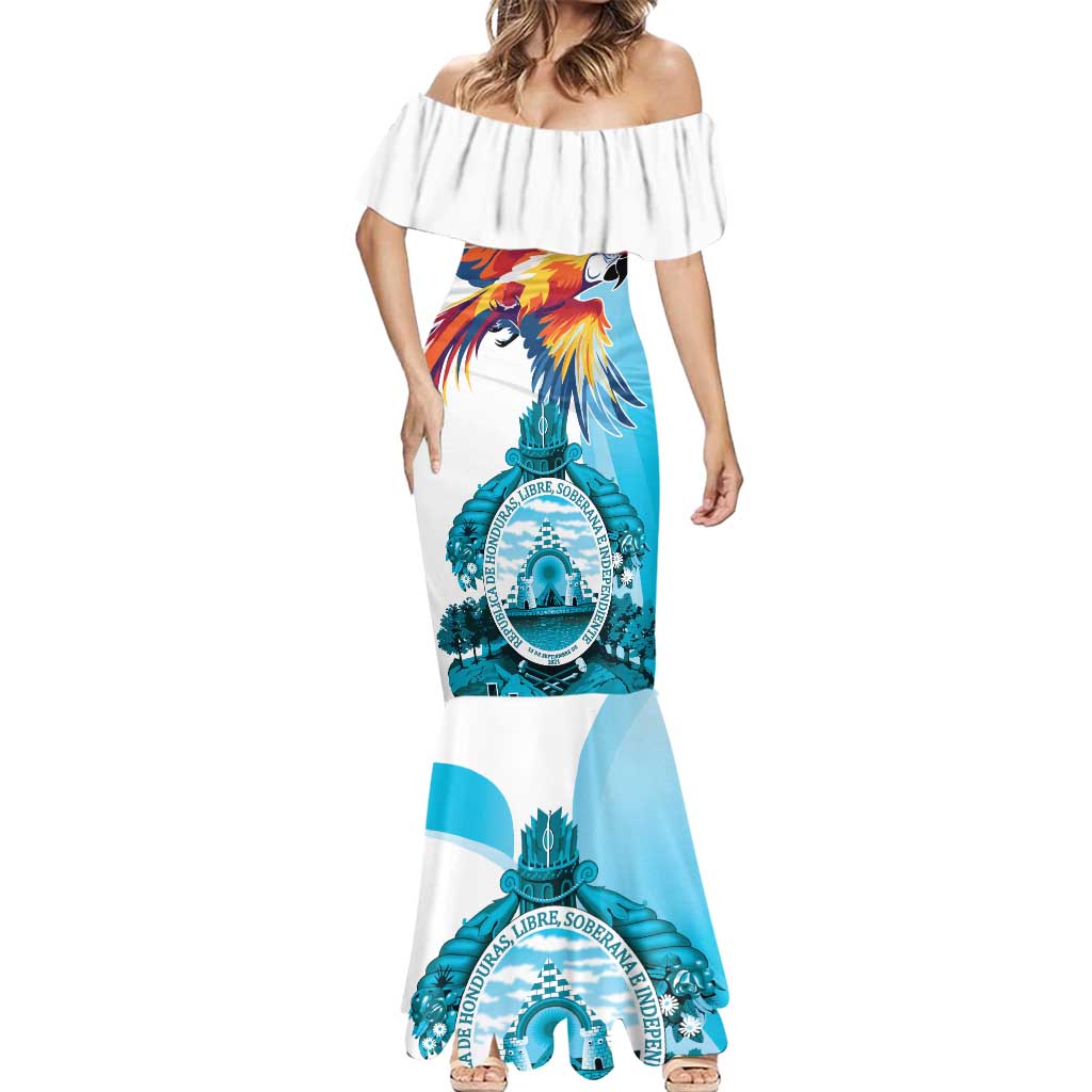 Personalized Honduras 1821 Mermaid Dress Scarlet Macaw Sky Blue Color - Wonder Print Shop