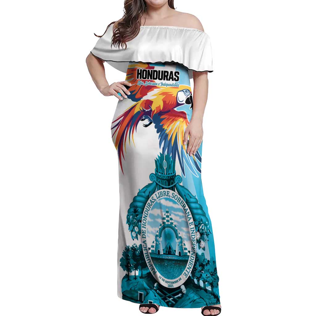 Personalized Honduras 1821 Off Shoulder Maxi Dress Scarlet Macaw Sky Blue Color - Wonder Print Shop