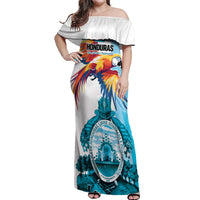 Personalized Honduras 1821 Off Shoulder Maxi Dress Scarlet Macaw Sky Blue Color - Wonder Print Shop
