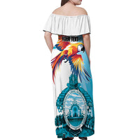 Personalized Honduras 1821 Off Shoulder Maxi Dress Scarlet Macaw Sky Blue Color - Wonder Print Shop
