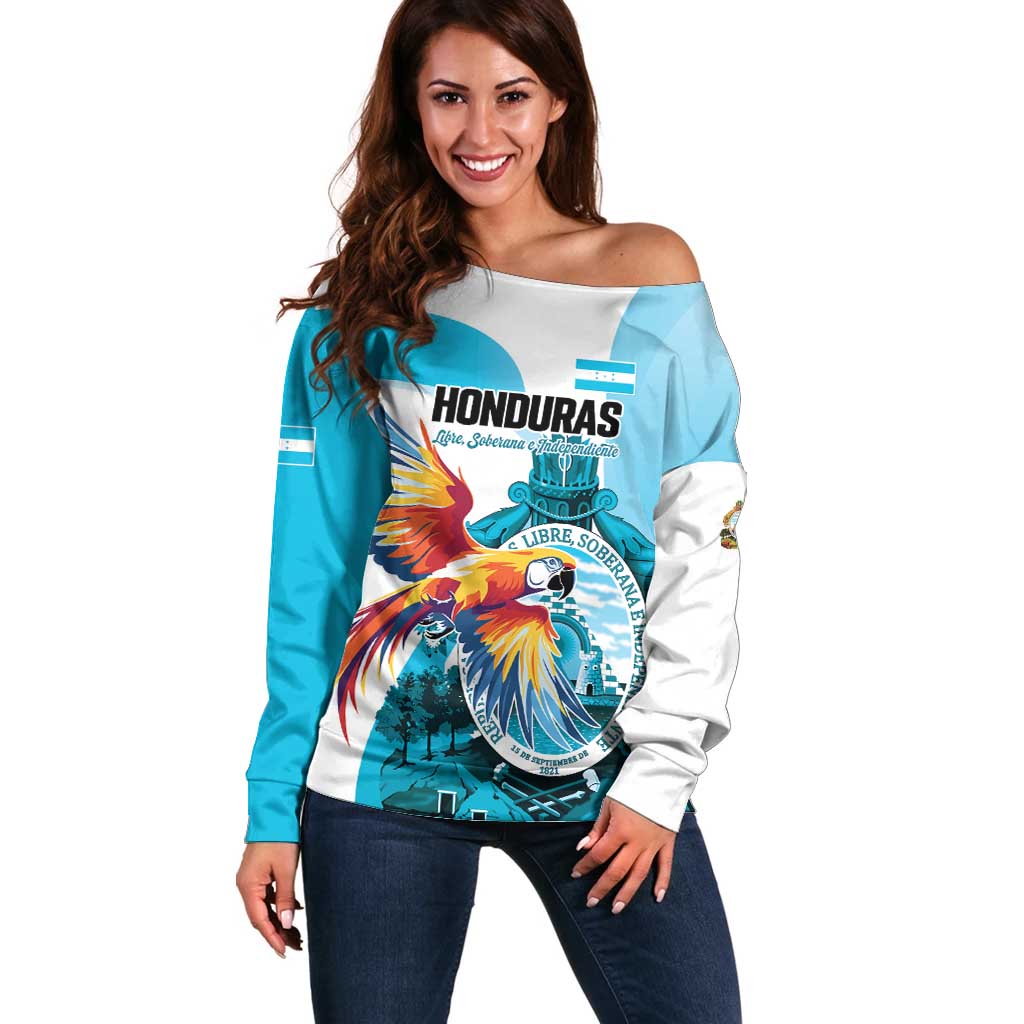 Personalized Honduras 1821 Off Shoulder Sweater Scarlet Macaw Sky Blue Color - Wonder Print Shop