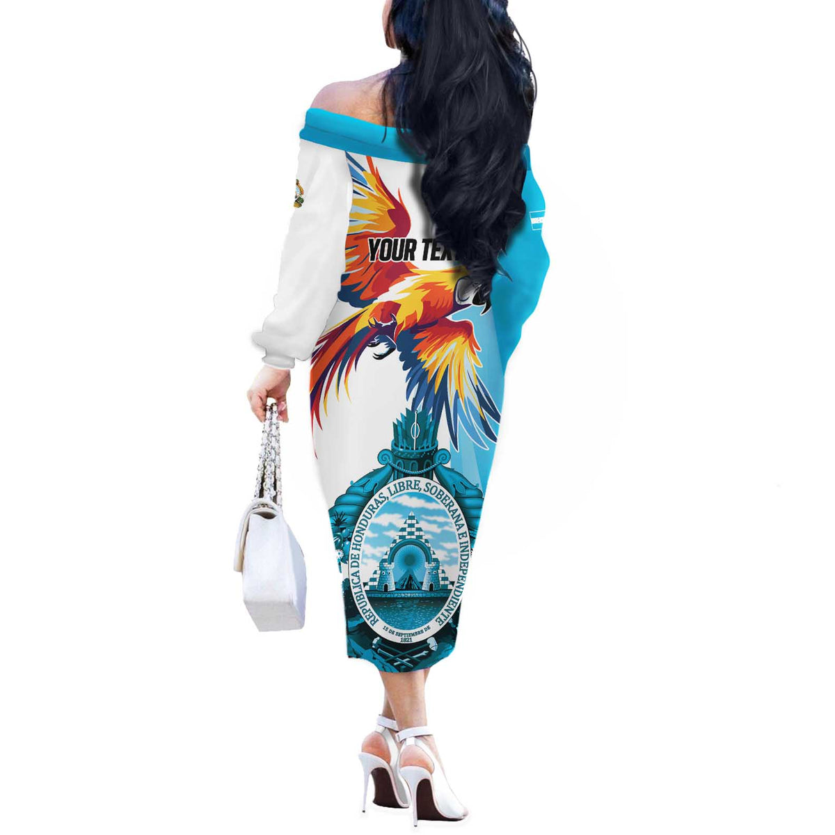 Personalized Honduras 1821 Off The Shoulder Long Sleeve Dress Scarlet Macaw Sky Blue Color - Wonder Print Shop