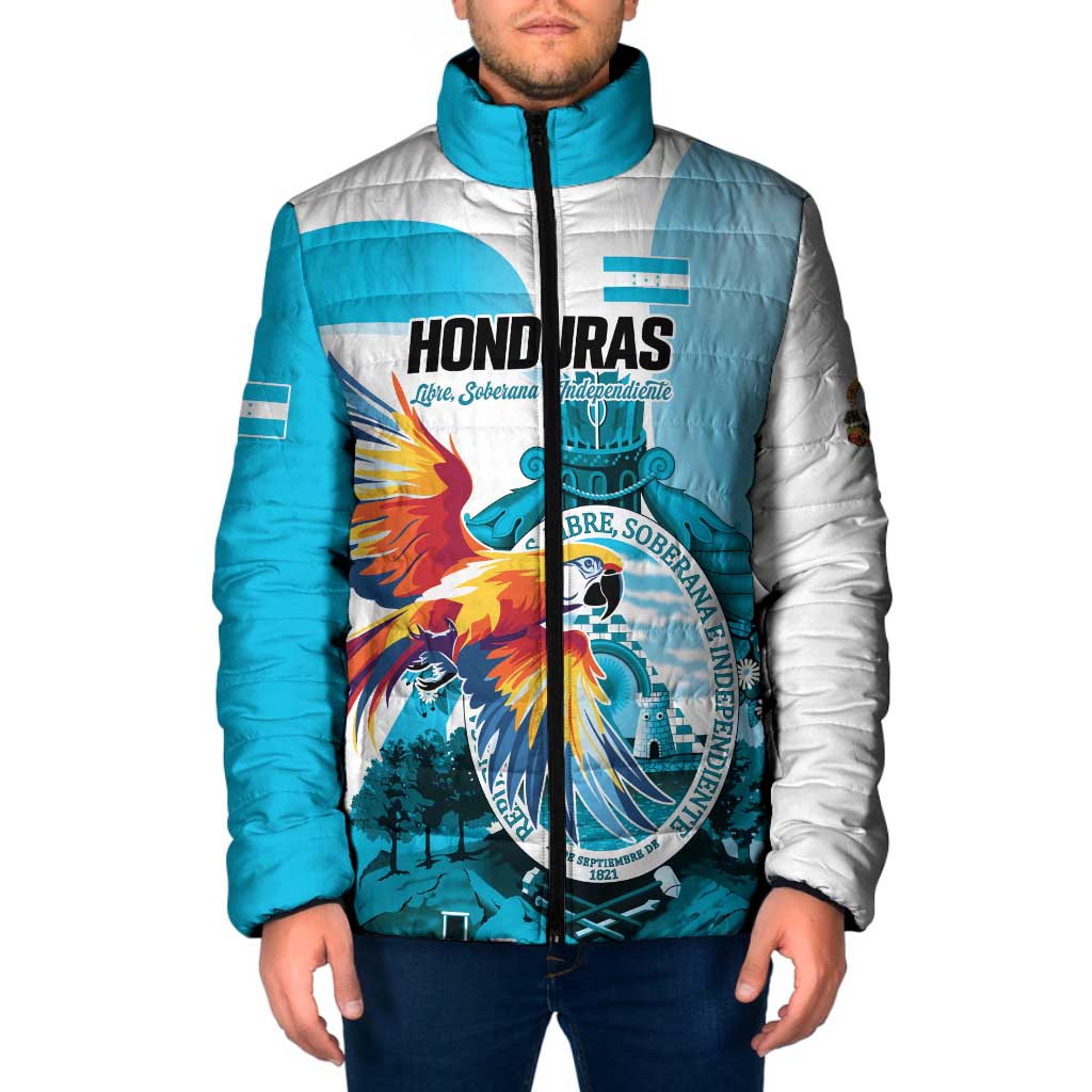 Personalized Honduras 1821 Padded Jacket Scarlet Macaw Sky Blue Color - Wonder Print Shop