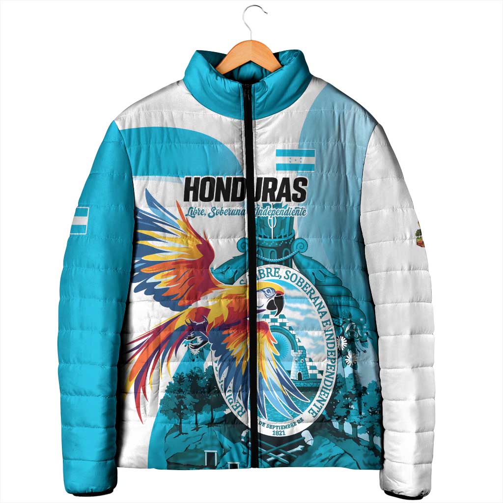 Personalized Honduras 1821 Padded Jacket Scarlet Macaw Sky Blue Color - Wonder Print Shop
