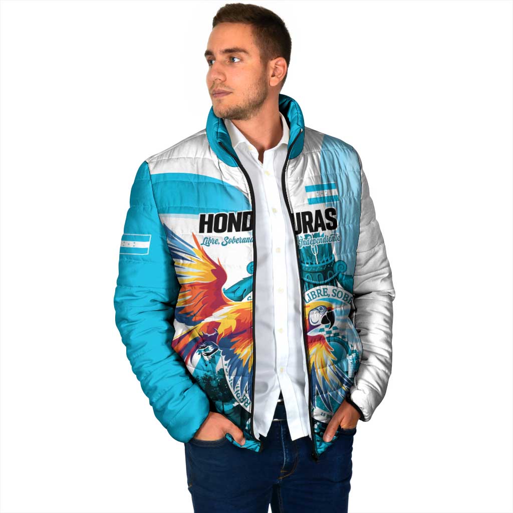 Personalized Honduras 1821 Padded Jacket Scarlet Macaw Sky Blue Color - Wonder Print Shop