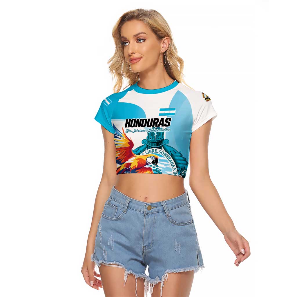 Personalized Honduras 1821 Raglan Cropped T Shirt Scarlet Macaw Sky Blue Color - Wonder Print Shop