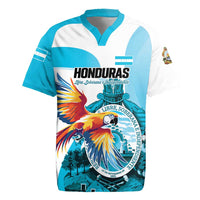 Personalized Honduras 1821 Rugby Jersey Scarlet Macaw Sky Blue Color - Wonder Print Shop