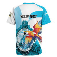 Personalized Honduras 1821 Rugby Jersey Scarlet Macaw Sky Blue Color - Wonder Print Shop