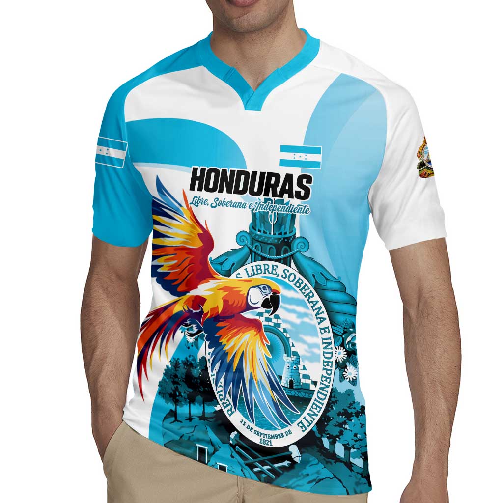 Personalized Honduras 1821 Rugby Jersey Scarlet Macaw Sky Blue Color - Wonder Print Shop