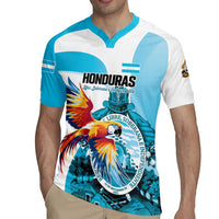 Personalized Honduras 1821 Rugby Jersey Scarlet Macaw Sky Blue Color - Wonder Print Shop