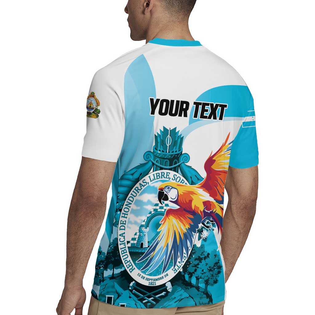 Personalized Honduras 1821 Rugby Jersey Scarlet Macaw Sky Blue Color - Wonder Print Shop