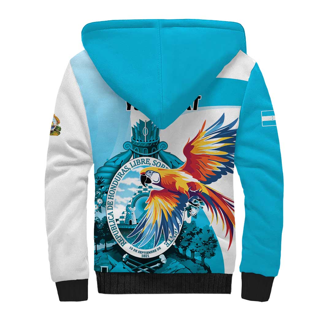 Personalized Honduras 1821 Sherpa Hoodie Scarlet Macaw Sky Blue Color - Wonder Print Shop