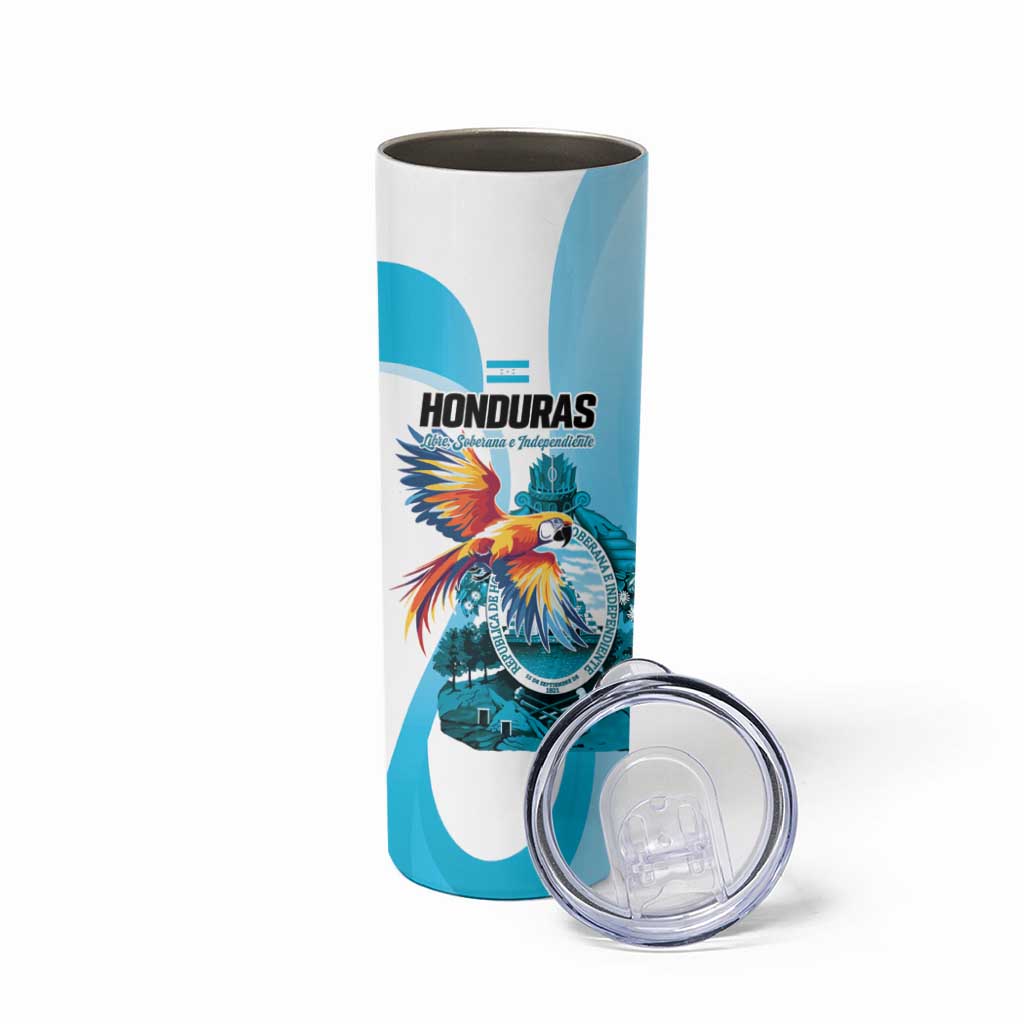 Personalized Honduras 1821 Skinny Tumbler Scarlet Macaw Sky Blue Color - Wonder Print Shop