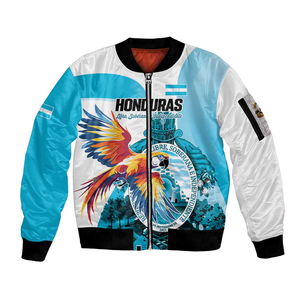 Personalized Honduras 1821 Sleeve Zip Bomber Jacket Scarlet Macaw Sky Blue Color - Wonder Print Shop