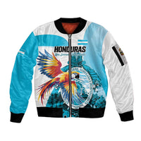 Personalized Honduras 1821 Sleeve Zip Bomber Jacket Scarlet Macaw Sky Blue Color - Wonder Print Shop