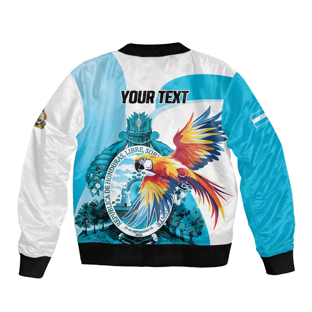 Personalized Honduras 1821 Sleeve Zip Bomber Jacket Scarlet Macaw Sky Blue Color - Wonder Print Shop