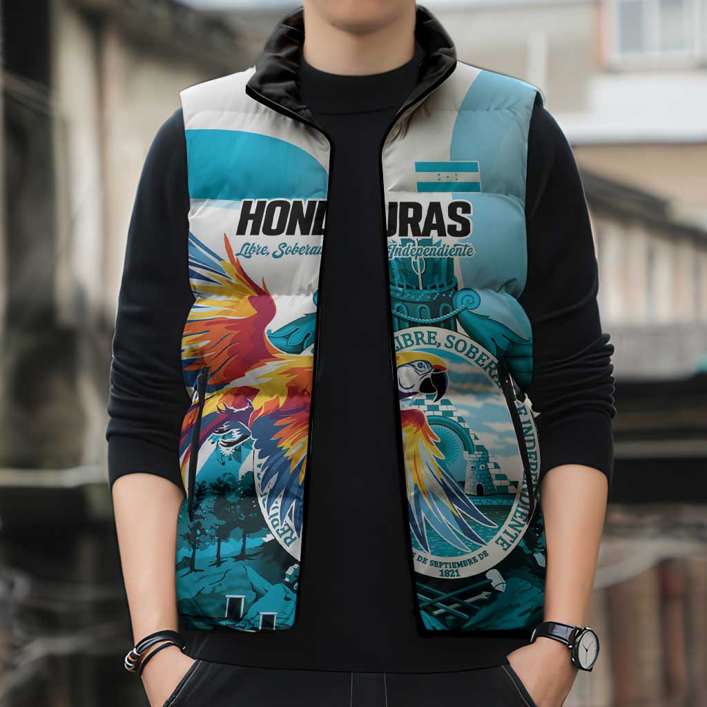 Personalized Honduras 1821 Sleeveless Puffer Jacket Scarlet Macaw Sky Blue Color - Wonder Print Shop