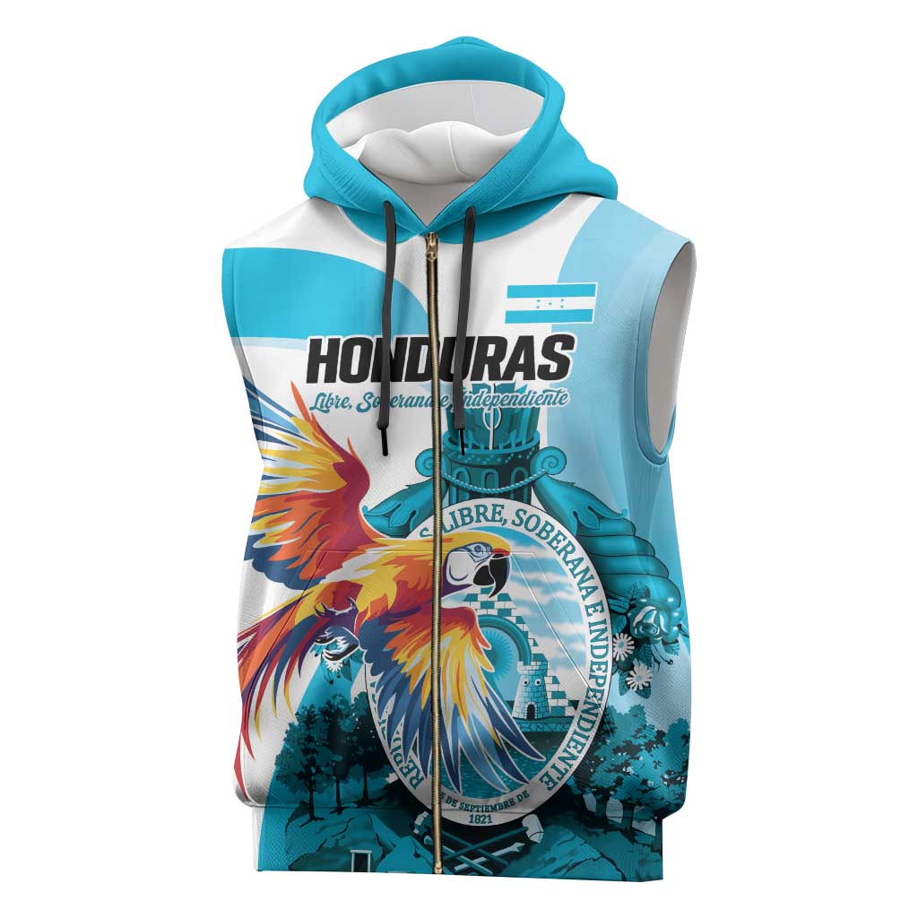 Personalized Honduras 1821 Sleeveless Zip Hoodie Scarlet Macaw Sky Blue Color - Wonder Print Shop