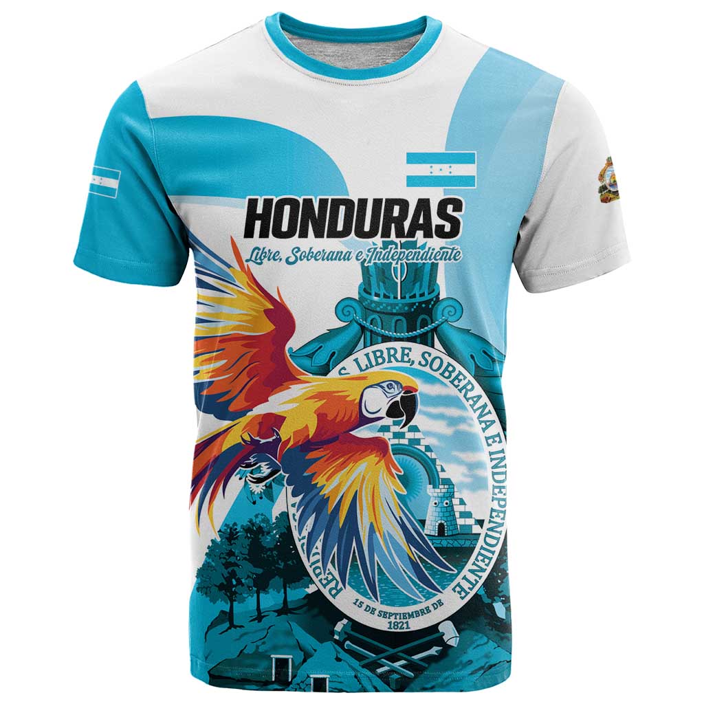 Personalized Honduras 1821 T Shirt Scarlet Macaw Sky Blue Color - Wonder Print Shop