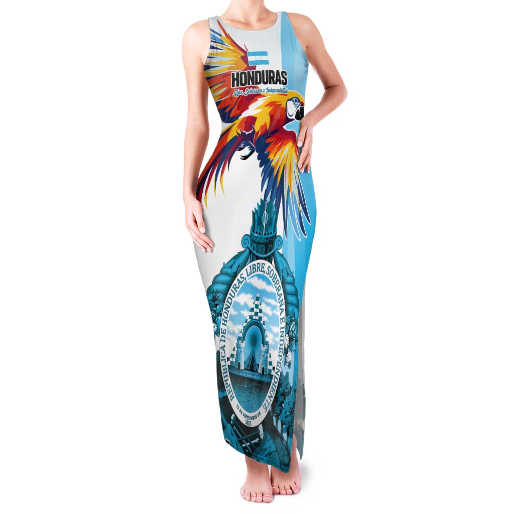 Personalized Honduras 1821 Tank Maxi Dress Scarlet Macaw Sky Blue Color - Wonder Print Shop