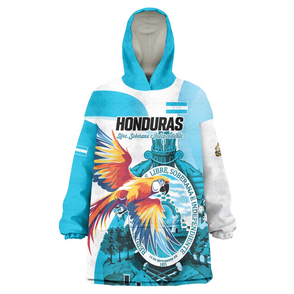 Personalized Honduras 1821 Wearable Blanket Hoodie Scarlet Macaw Sky Blue Color - Wonder Print Shop