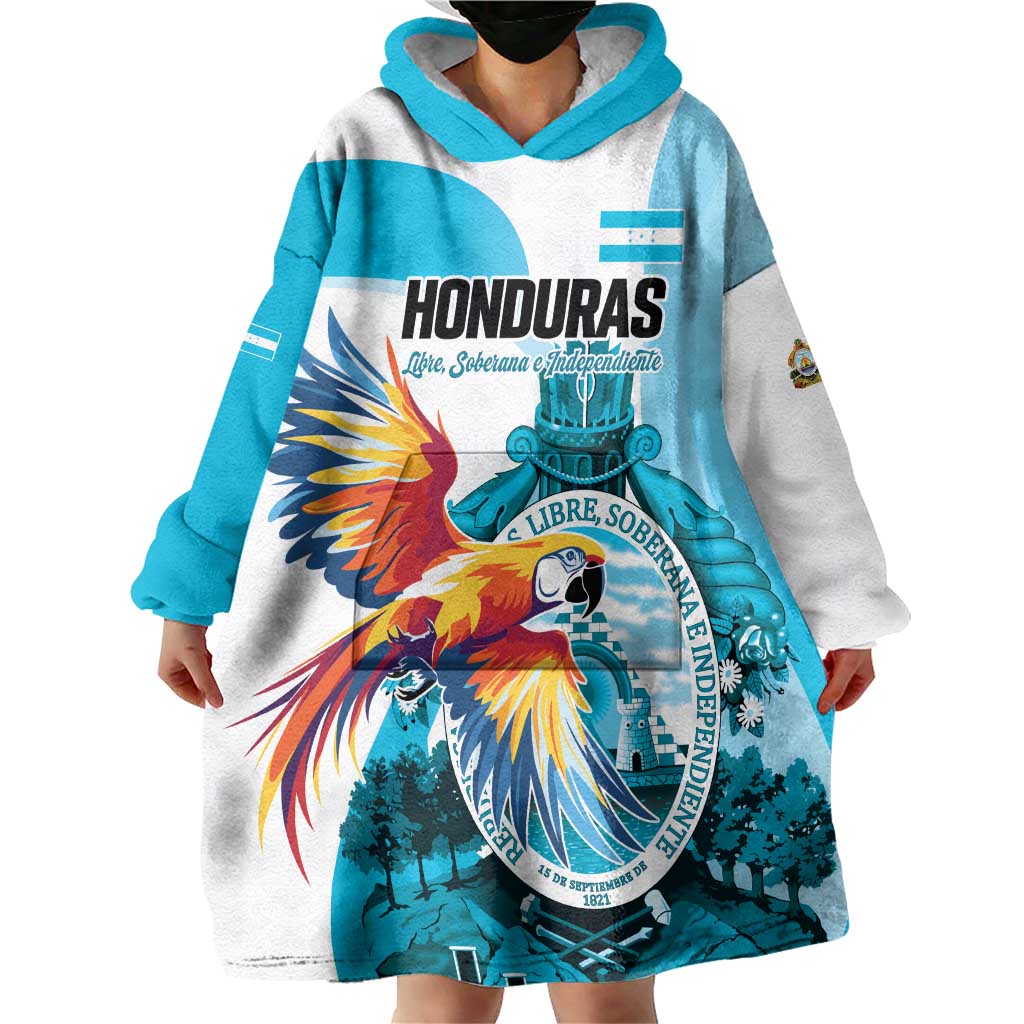 Personalized Honduras 1821 Wearable Blanket Hoodie Scarlet Macaw Sky Blue Color - Wonder Print Shop