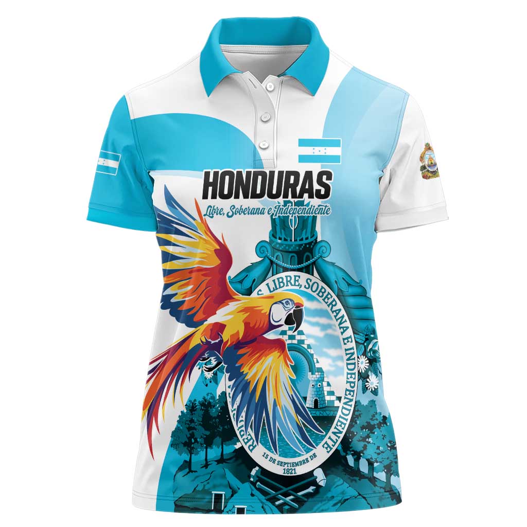 Personalized Honduras 1821 Women Polo Shirt Scarlet Macaw Sky Blue Color - Wonder Print Shop
